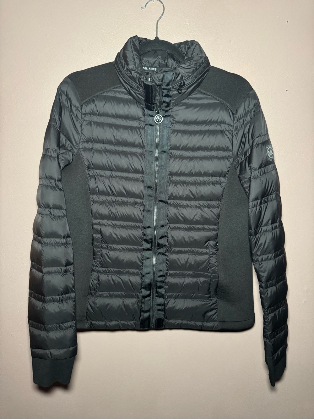 Michael Kors Black Quilted Down Puffer Jacket Full Zip Stand-Up Collar M